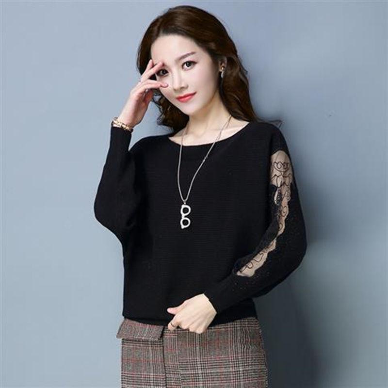 One Word Neck Short Knitwear Mesh Sleeve Spring and Autumn Sweater Women Loose Knit Bottoming Shirt