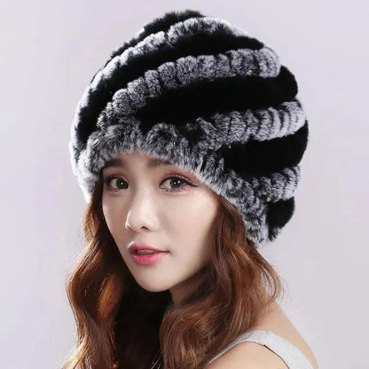 Women's Winter Fur Hats Middle-aged Thickened Warmth Ear Protection Hats Rex Rabbit Fur Woven Hats Ladies Floral Top Caps Fluffy Rabbit Fur Hat