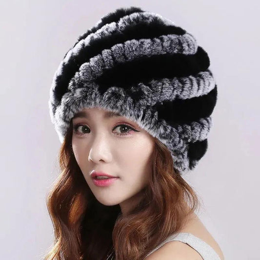 Women's Winter Fur Hats Middle-aged Thickened Warmth Ear Protection Hats Rex Rabbit Fur Woven Hats Ladies Floral Top Caps Fluffy Rabbit Fur Hat