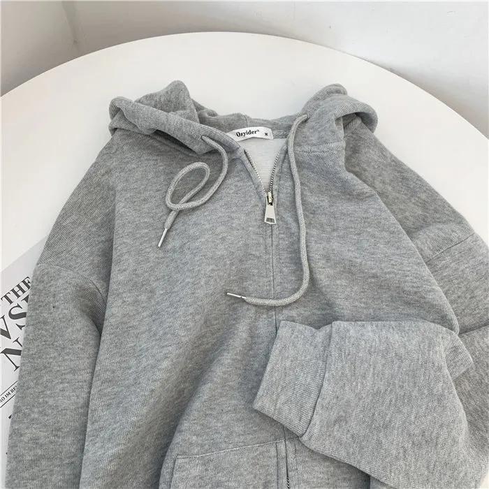 Women's Solid Color Hooded Jacket Lazy Style Zipper Cardigan Top Ladies Sportswear Coat Autumn Outwear Big Pocket Top