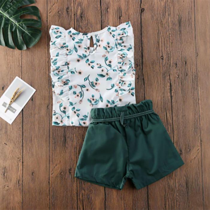 2PCS Children Clothing Set Spring Summer Girls Suits Printing Short Ruffles Sleeve Tops + Pants Clothing Set