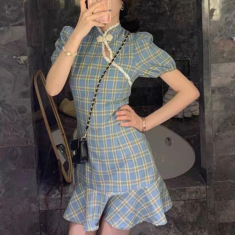 Improved Version of Cheongsam Female Summer Puff Sleeve Retro Plaid Dress with Waist and Thin Temperament Chinese Style