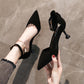 Spring  Summer Mid-heel 7cm High-heeled Shoes Women's Stiletto Pointed Toe Toe Sandals One-word Buckle Hollow Single Shoes