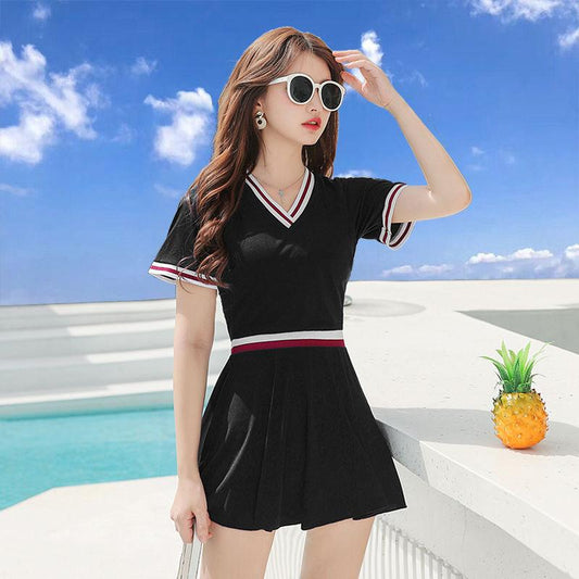 Swimsuit Split Belly Skirt Two-piece Boxer Briefs Two-piece Sports Swimwear Short-sleeved V-neck Top + Short Skirt Swimming Shorts Female Swimsuit Set