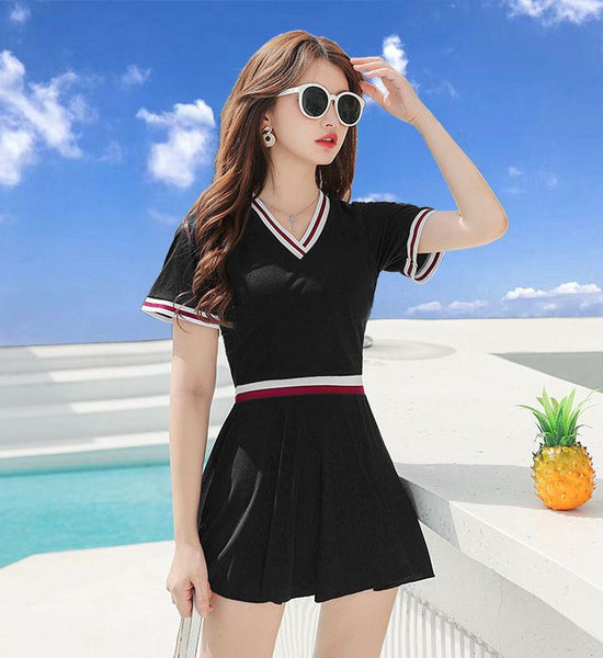 Swimsuit Split Belly Skirt Two-piece Boxer Briefs Two-piece Sports Swimwear Short-sleeved V-neck Top + Short Skirt Swimming Shorts Female Swimsuit Set