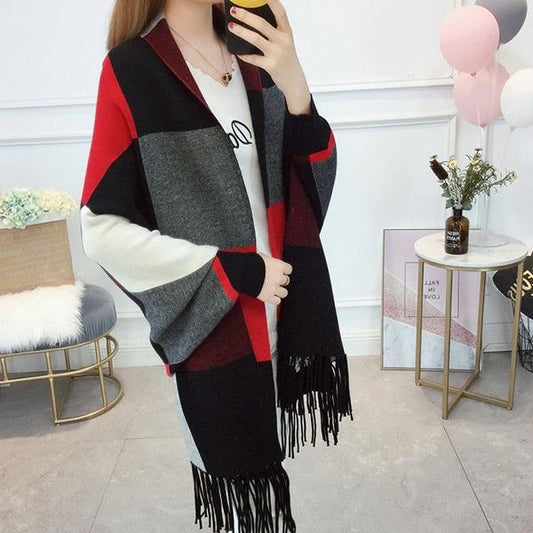 Thick Tassel Cloak Sweater Autumn and Winter Knitted Cloak with Sleeves