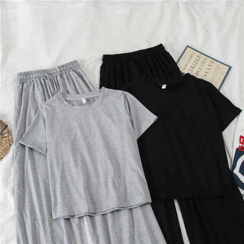 2PCS Women's Spring and Summer Leisure Suit Lazy Korean Style Thin Sportswear Short Sleeve T-Shirt Top + Wide Leg Pants Two-piece Suit