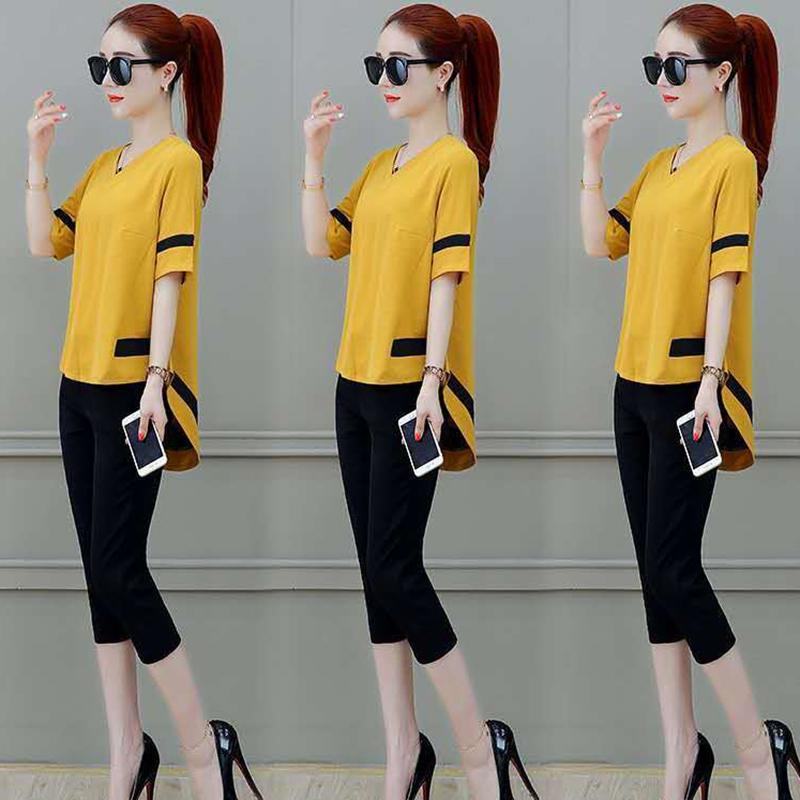 Women's Temperament Slim and Thin Hit Color T-shirt Shorts Chiffon Suit Two-piece V-neck Loose Top Cover Belly and Thin Ladies Temperament Suit