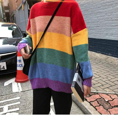 Pofulove Sweet Rainbow Striped Sweater Female Korean Lazy Loose Hit Color Pullover Sweater Coat