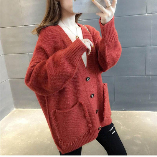 Women's Loose Knit Cardigan Spring and Autumn V-neck Blouse Wear All-match Tassel Sweater Coat