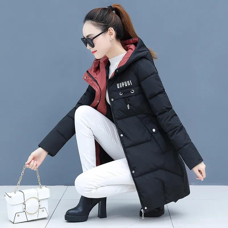 Winter Parkas for Women Mid-length Cotton Women's Down Coats Letter Print Jacket Hooded Medium Long Warm Thickning Coats Female Slim Outerwear