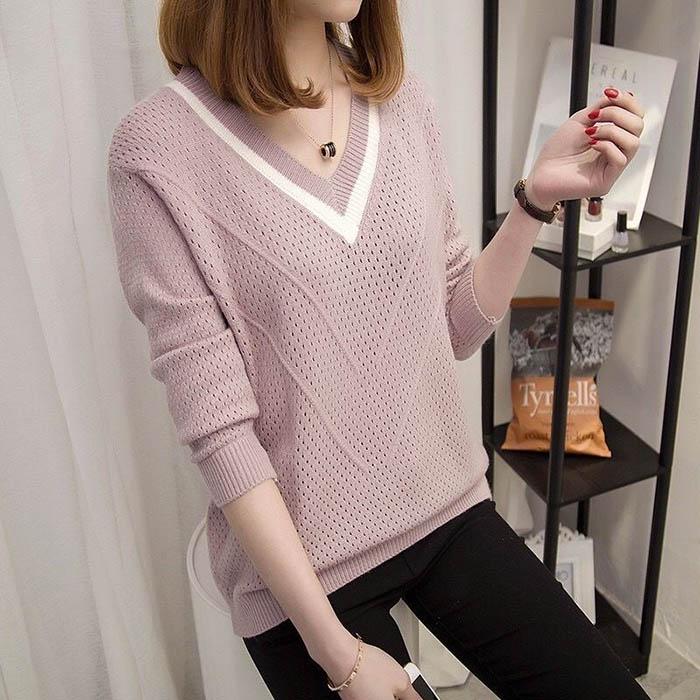 Women Black Slim V-neck Pullover Sweater Thickened Hollow Soft Knitted Bottoming Shirt Coat