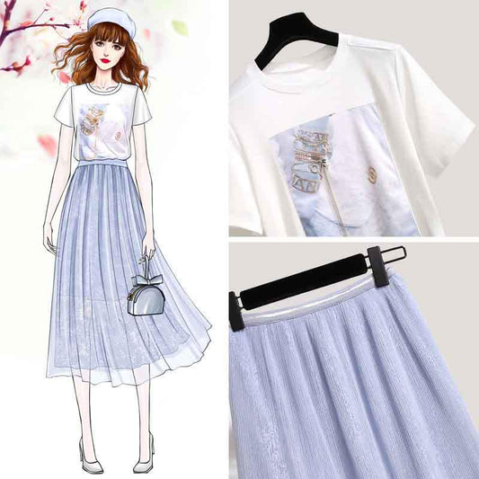 S-XL Summer Women Sample Pattern O-neck T-shirt+Mesh Skirt 2pc Office Lady T-shirt Skirt Suits Women Summer Set