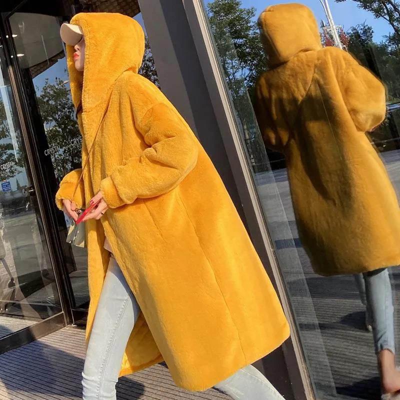 WTEMPO Winter Imitation Mink Thick Fur Fur Loose Coat Mid-length Hooded Women