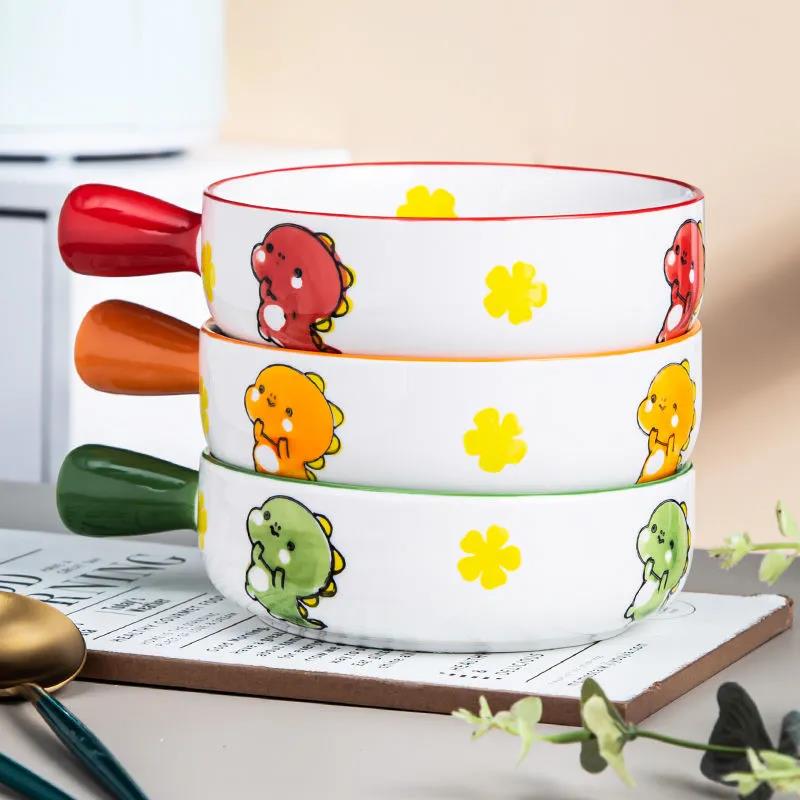 Ceramic Handle Bowl Cartoon Cute Japanese Instant Noodle Bowl Household Oven Bowl High Temperature Resistant Plate Bowl