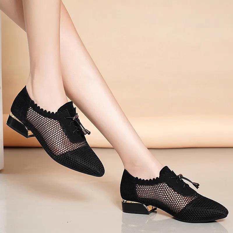 Women's Black Leather Sandals Summer Mesh Hollow Lace-up Low-heeled Thick-heeled Pointed Mother Single Shoes Sandals Women