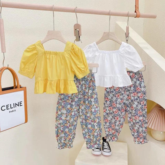 Kids' Suit Summer Thin Girls' Korean Version Floral Print T Shirt Mosquito Proof Pants Childer Two Piece Set