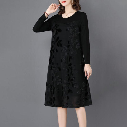 Women Solid Color Print Long Sleeve V-neck Dress Spring and Autumn Large Size Loose Knee-length Size L-XXXXXL