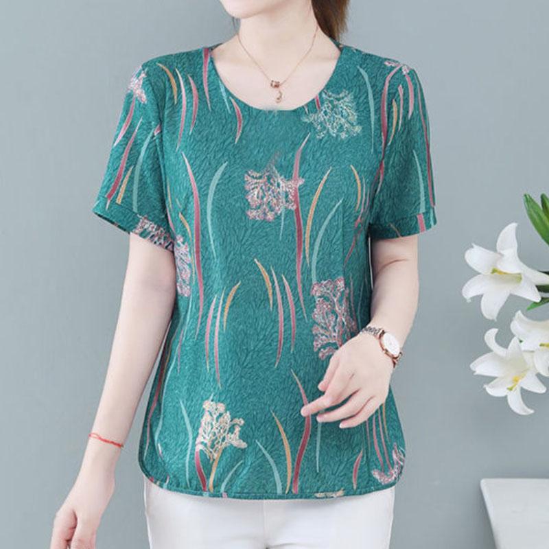 Women Thin Gauze Shirt Flower Print T-shirt Summer Short Sleeve Shirt Casual Tunic Pullover