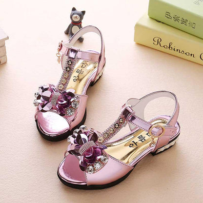 Princess Girls High Heels Flat Sandals Flash Child Girls Bow Leather Shoes Kids Dance Shoes Wear-resistant Non-slip Baby Sandals Size 26-36