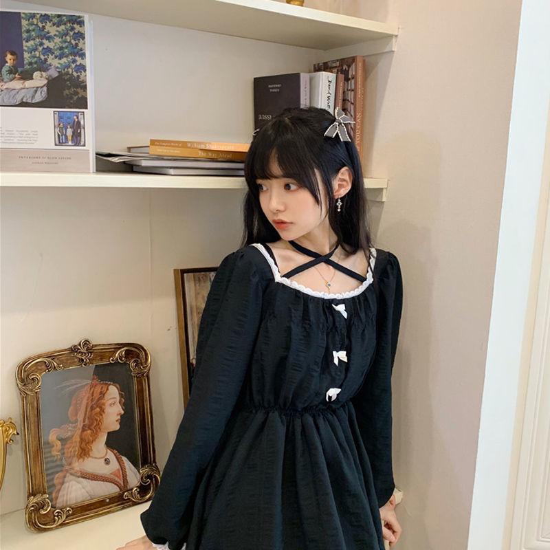 French Retro Lace Little Black Dress Soft Girl Student Cute Bow Waist Mid-length Dress Sweet and Sexy Cute