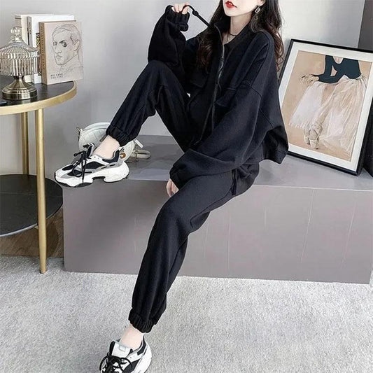 2PCS Women's Autumn Leisure Sports Sweater Suit Two-Piece Zipper Cardigan + Sweatpants Ladies Loose Fitness Clothing