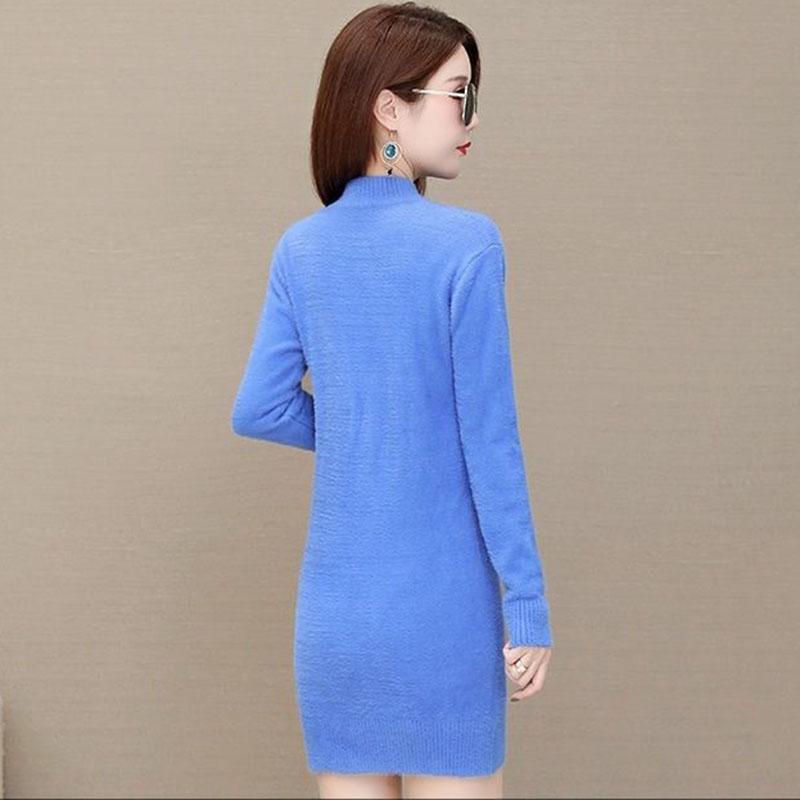 Autumn and Winter Mohair Knitted Sweater Half High Neck Thick Loose Bottoming Shirt Mid-length Casual Women Sweater Dress