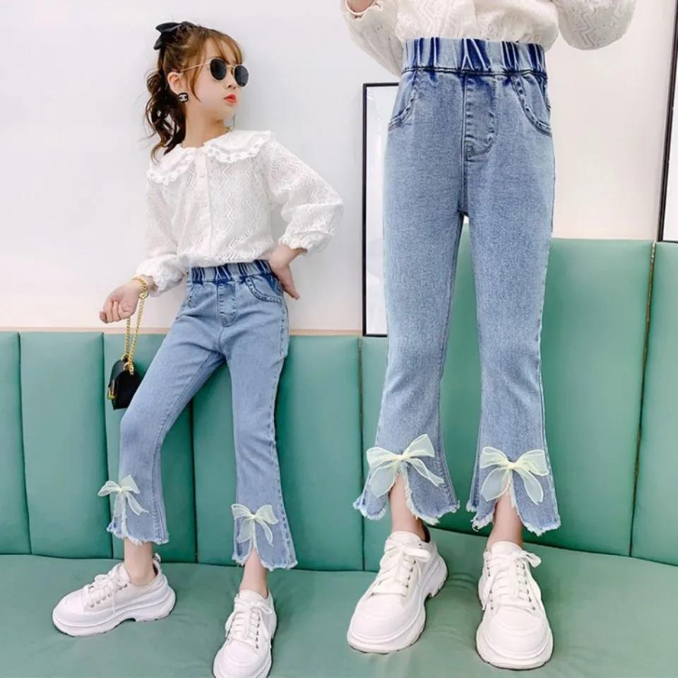 Children's Pants Summer Girls Casual Trousers Flared Pants Slim-fit Jeans Lace Pearl Bow Dot Pants