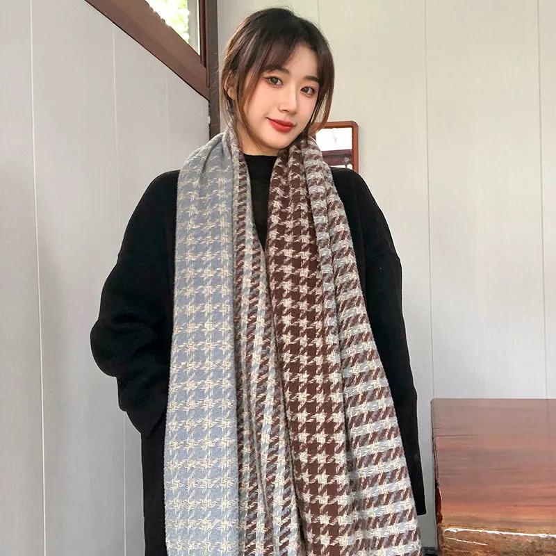 Scarf Women Winter Thicken Warm Knit Scarves Lady Plaid Tassels Fashion Long Soft Knitted Shawl Houndstooth Designe 2021 Female Scarfs