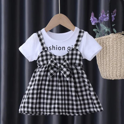 Baby Girl Dress Summer Suspender Plaid Skirt Baby Vest Skirt Round Neck Short Sleeve Stitching Fake Two-piece A-line Skirt