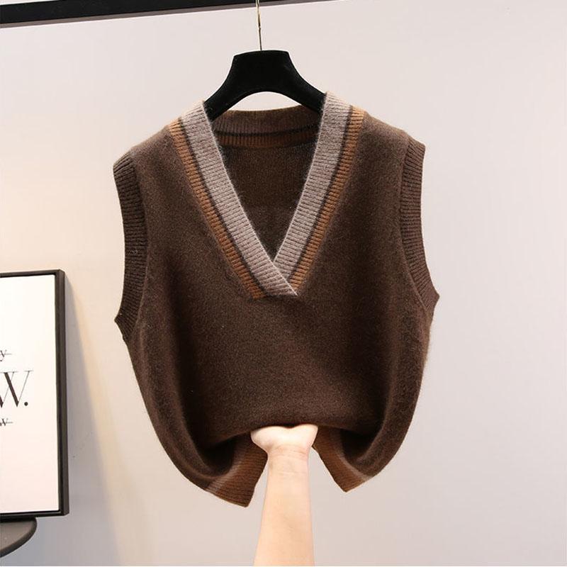 V-neck Knitted Vest Women's Autumn and Winter  Loose Knit Waistcoat Sleeveless Sweater