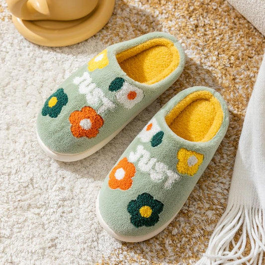 Autumn and Winter Pure Cotton Slippers  Flower Pattern  Indoor Non-slip Soft-soled Shoes Warm Simple Plush Cotton Shoes