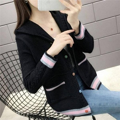 Spring and Autumn Knitted Cardigan Sweater Loose Hooded Large Size Top Short Color-blocking Women's Jacket