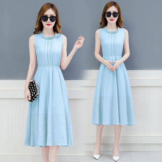 Womens Dress Summer Solid Color Pleated Chiffon Sleeveless Elasticated Belted Party Dress Womens