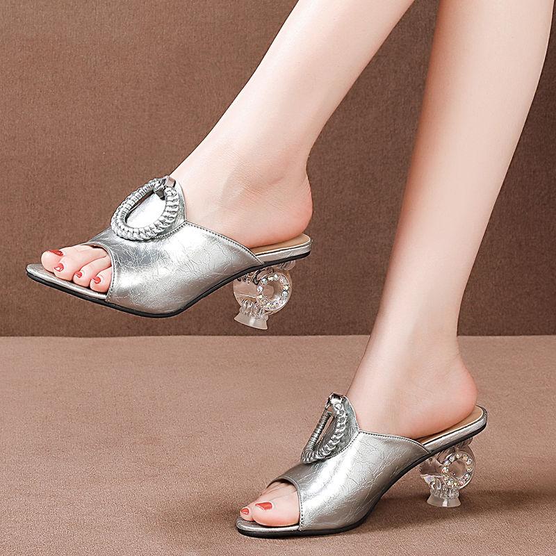 Summer Rhinestone Sandals and Slippers Fashionable Women's Shoes High-heeled Shoe Crystal Thick-heeled Fish Mouth Shoes