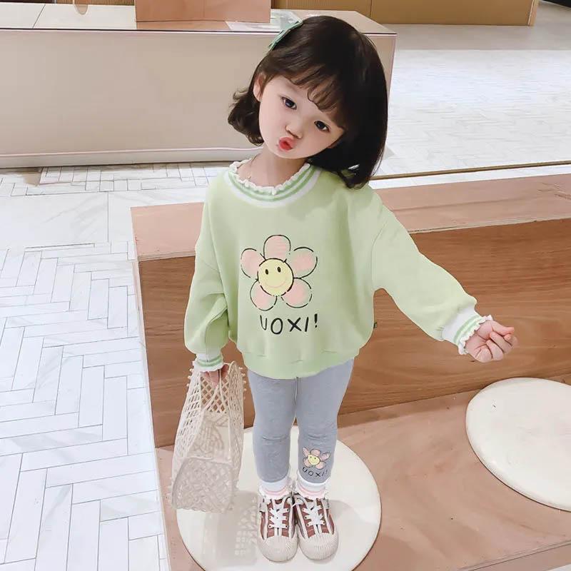 Baby Solid Color Printed Long Sleeve Pullover Sweater Gray Lace Pants Two Pieces Spring and Autumn Suit Casual Children's Cotton Comfortable Soft Suit