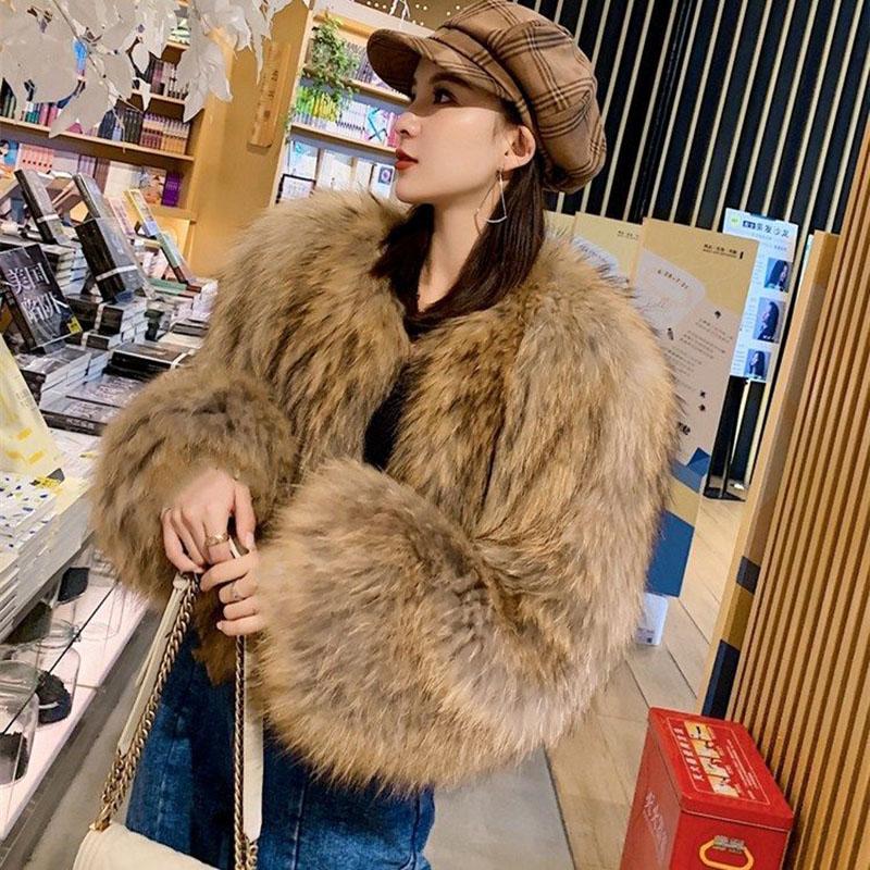 Fashion Thick Female Fur Coat Short Imitating Fox and Raccoon Fur Trumpet Sleeve Fur Coat