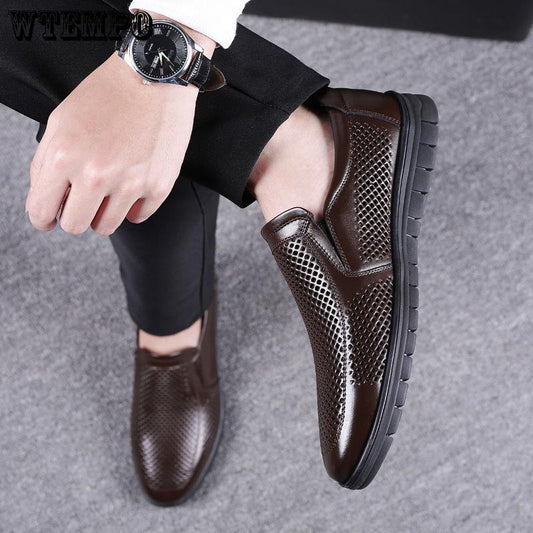 Summer Top Layer Leather Business Casual Shoes Men's Hollow Hole Shoes Leather Men's Shoes