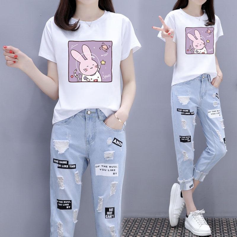 Suit Women Summer Print Round Neck Short-sleeved T-shirt Ripped Nine-point Jeans Loose Two-piece Cute Casual Suit