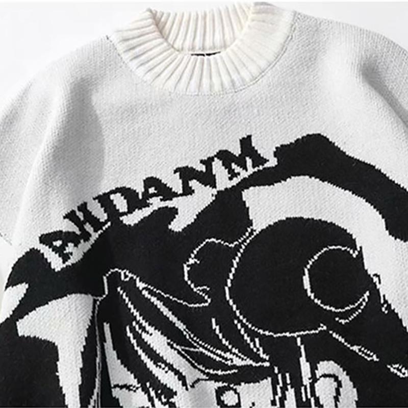 Anime Sweater Streetwear Hip Hop Harajuku Knitted Sweaters Women Oversized Loose O Neck Long Sleeve Black White Pullovers Japanese Fall Winter Sweater