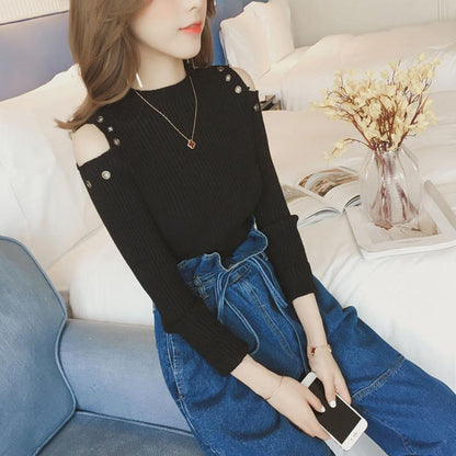 Autumn Strapless Inner Wear Women's Hollow Tight T-shirt Long-sleeved Sexy Knitted Sweater Base