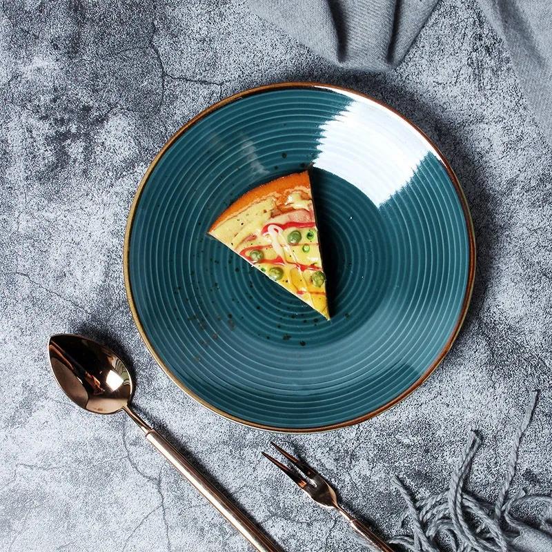 Nordic Style Simple Ceramic Plate Thread Pitted Household Dish Steak Plate Dark Green Salad Plate Disc