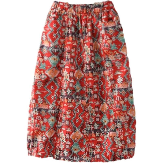 Women Large Size Cotton and Linen A-line Skirt Ethnic Style Printed Short Skirt Knee-length Enthusiasm