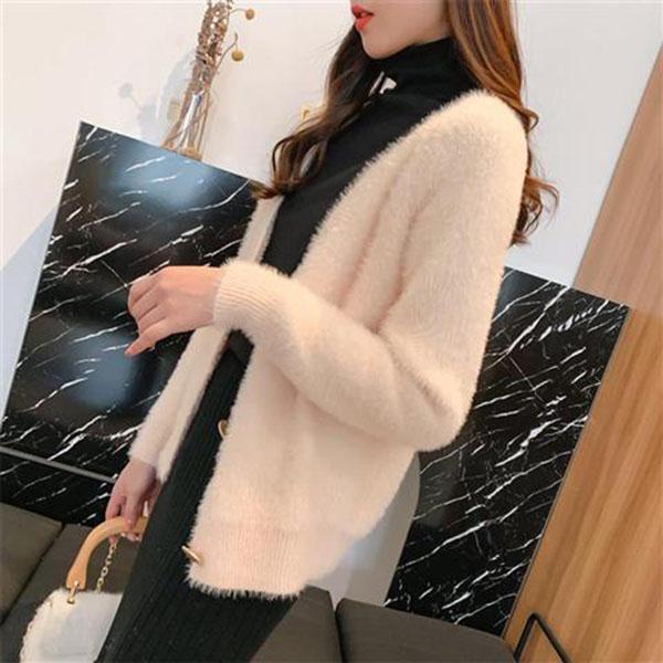 Autumn and Winter Casual Mohair Top Loose V-neck Knitted Sweater Cardigan Button Female Jacket