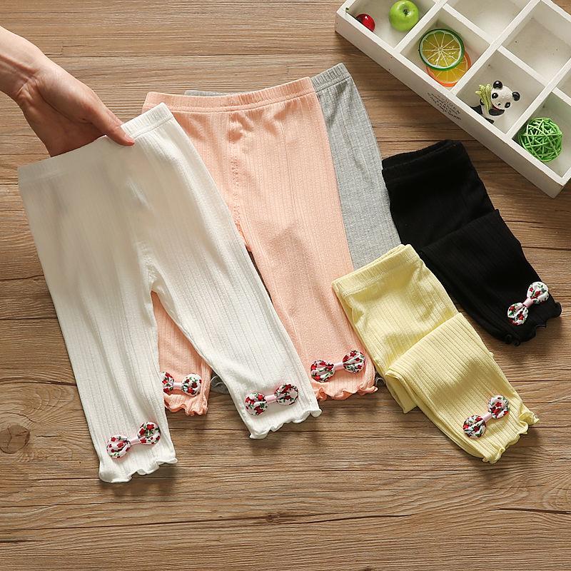 Girls' Leggings Children's Spring and Autumn Thin Floral Bow Korean Cropped Trousers Stretch Pants Baby Outer Wear and Inner Wear