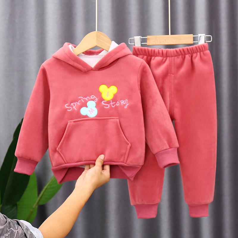 Children's Suit Autumn and Winter 2021 Girls Plus Velvet Sweater Two-piece Suit Boys and Girls Thick Winter Suit