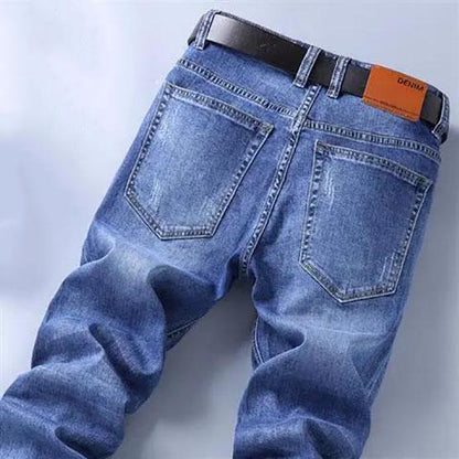 Men's Spring and Autumn Large Size High-stretch Jeans Business Men Summer Solid Color Loose Long Denim Straight Trousers