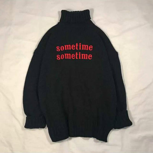 Pofulove Letters Embroidery Turtleneck Sweater Solid Color Female Loose Autumn Winter Couple Sweater