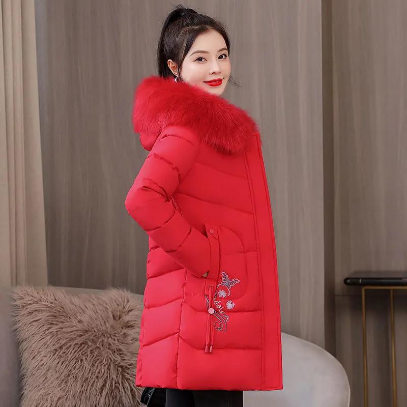 Down Jacket Winter Ladies Fashion Korean Big Fur Collar Thick Warm Hooded Mid-length Plus Size Cotton Jacket