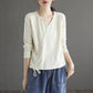 Cotton Solid Color V-Neck T-Shirt Ladies Spring Summer Hem Drawstring Loose Casual Long Sleeve Vintage Top